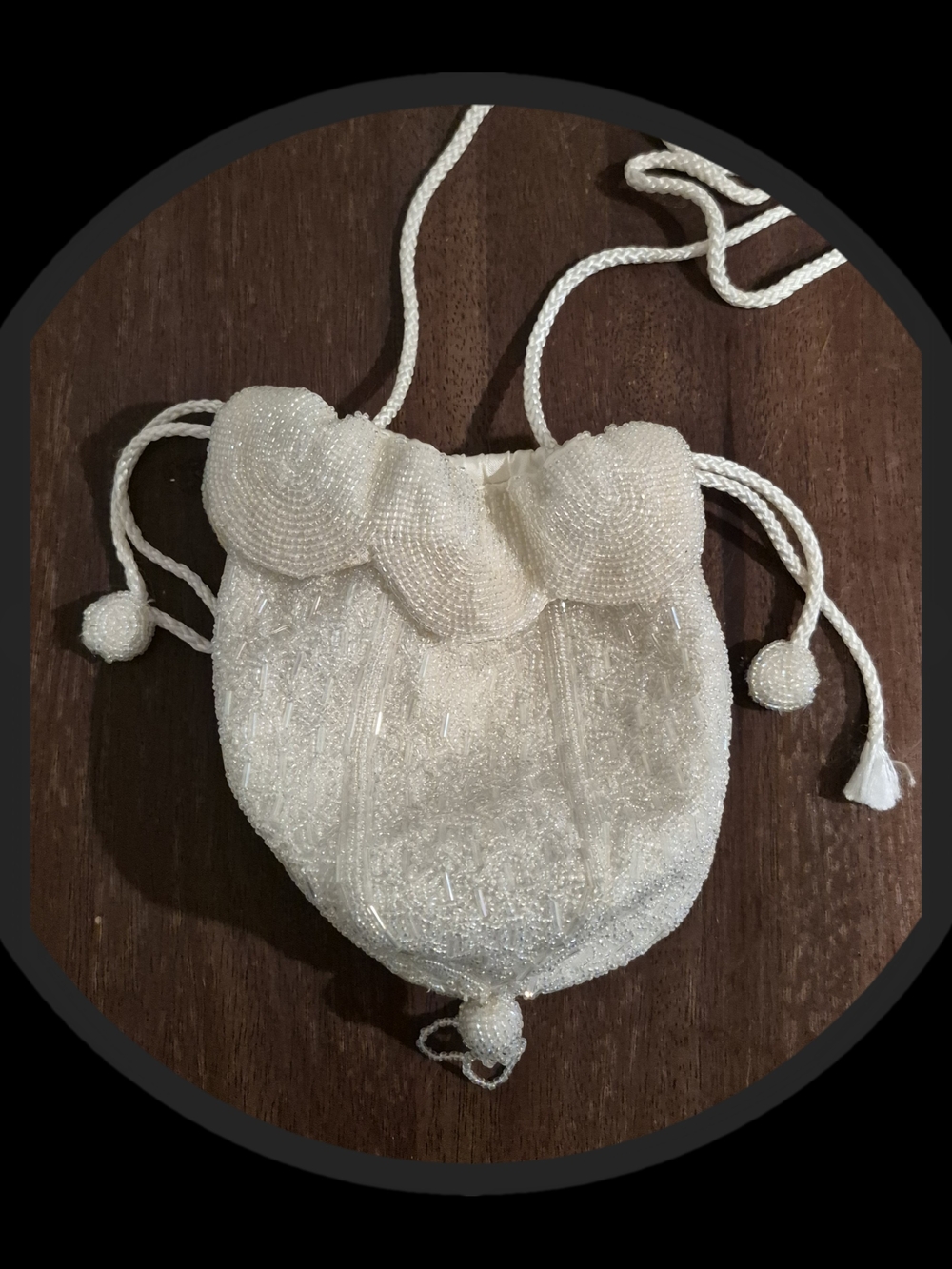Carlo Fellini Vintage Ivory Hand Beaded Drawstring  Scallopped Edge Bag w Tassel